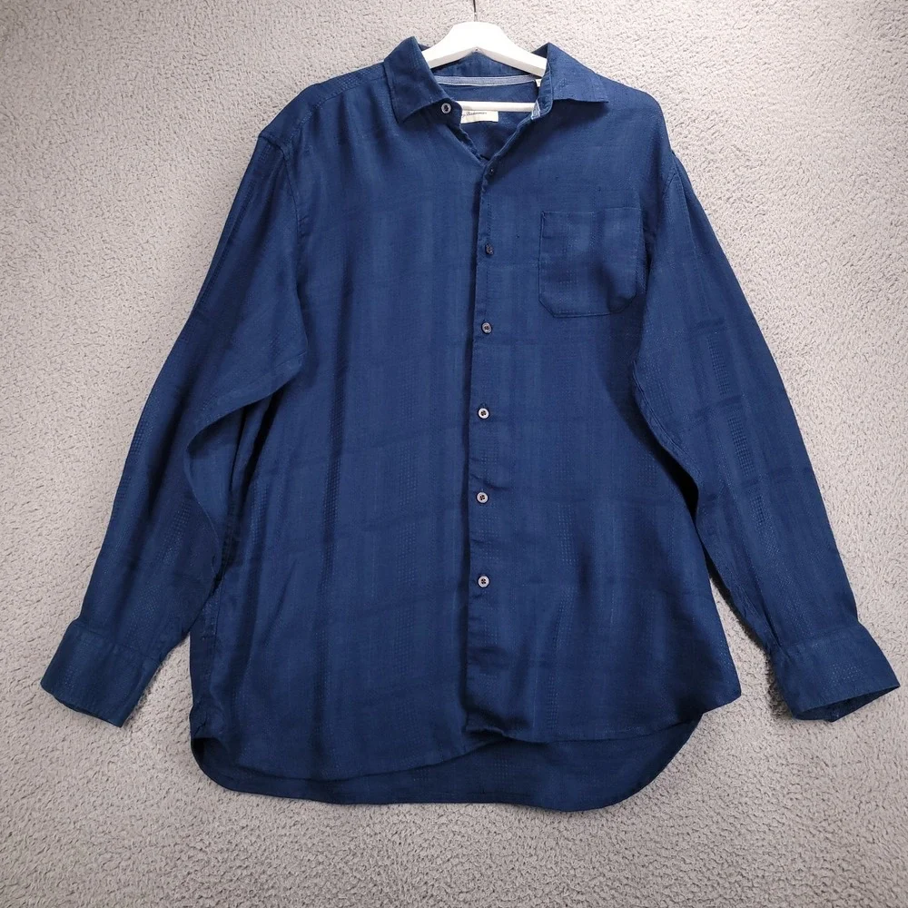 TOMMY BAHAMA Shirt Mens Size LARGE Blue 100% Linen Long Sleeve Casual Button Up